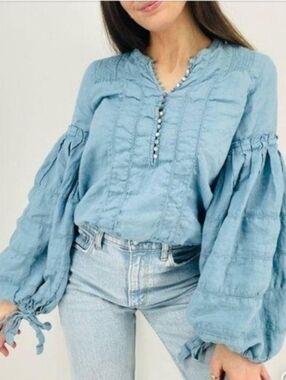Free People Robin Egg Blue Linen Peasant Balloon Sleeve Blouse